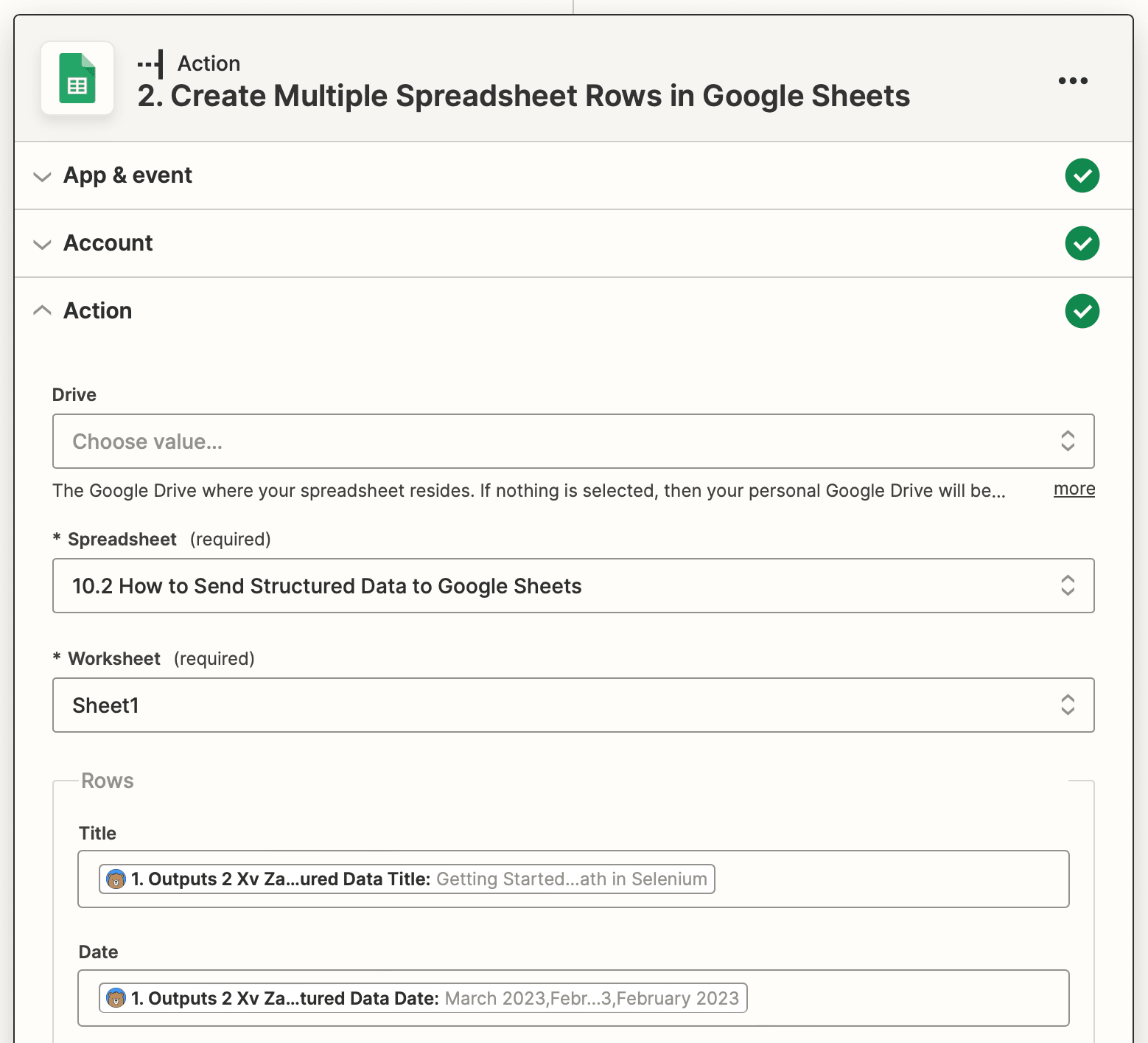 Screenshot of Zapier Google Sheets create multiple spreadsheet rows action setup
