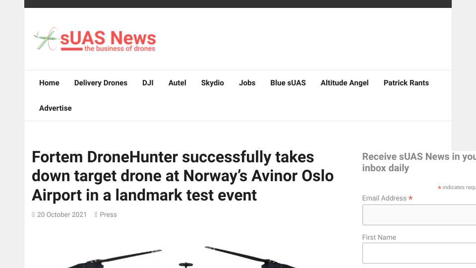 Fortem DroneHunter successfully takes down target drone at Norway's Avinor Oslo Airport in a landmark test event