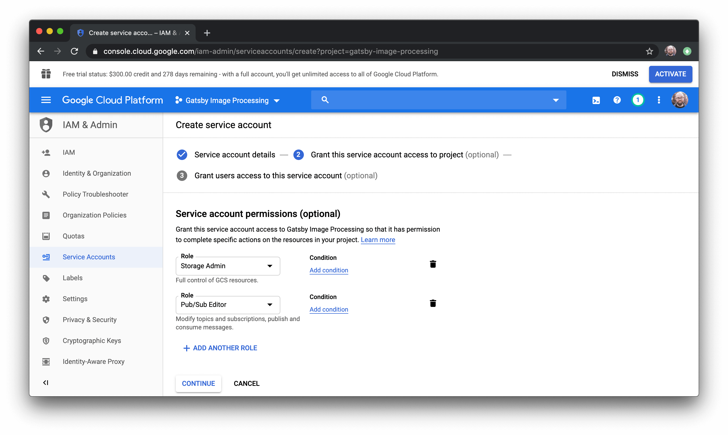 Workflow for setting service account permissions in Google Cloud.