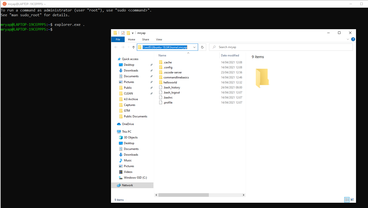 In Ubuntu environment, launch Windows Explorer and show the current directory in the WSL environment.