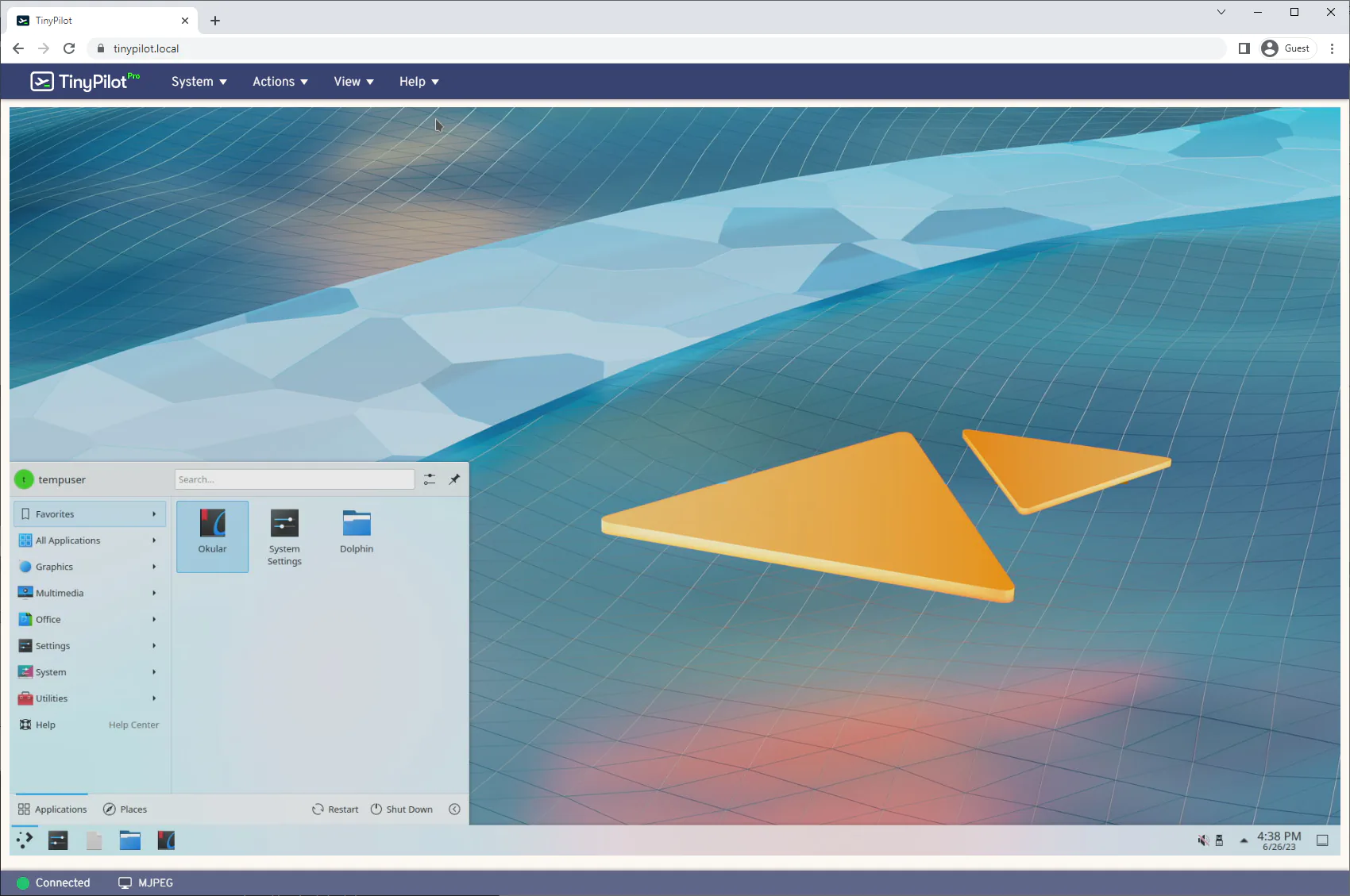 Screenshot of TinyPilot controlling a NixOS system running the Plasma desktop environment, on the desktop screen