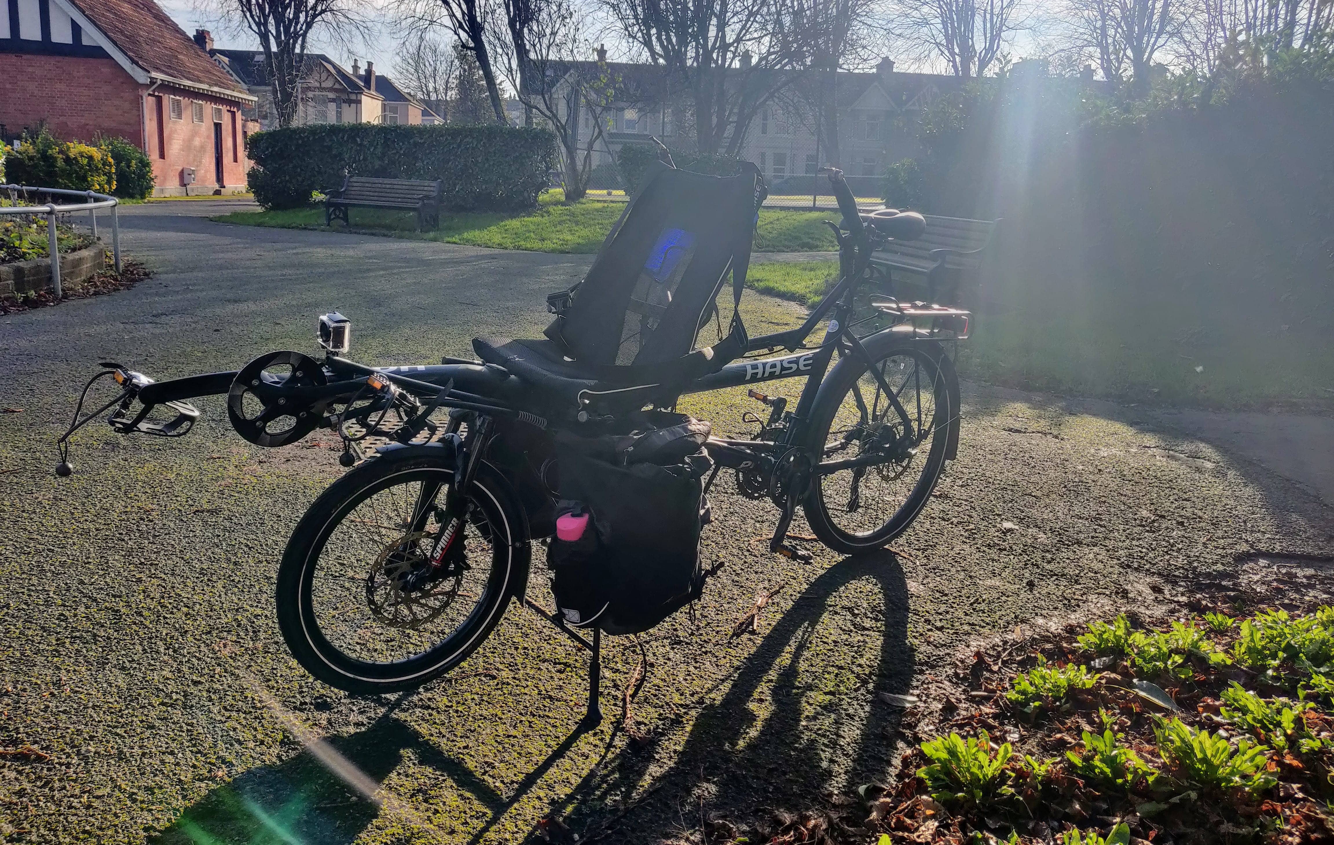 The lowrider pannier rack, with panniers loaded on. It&rsquo;s possible to get another two panniers onto the rack
