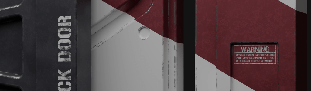 Image shows a close up of my final render of the bulkhead door, looking at a part of the inner barrier door with warning label.