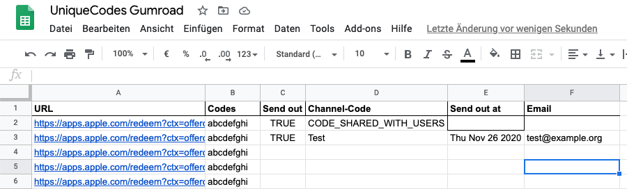 Google Sheet with Offer Codes