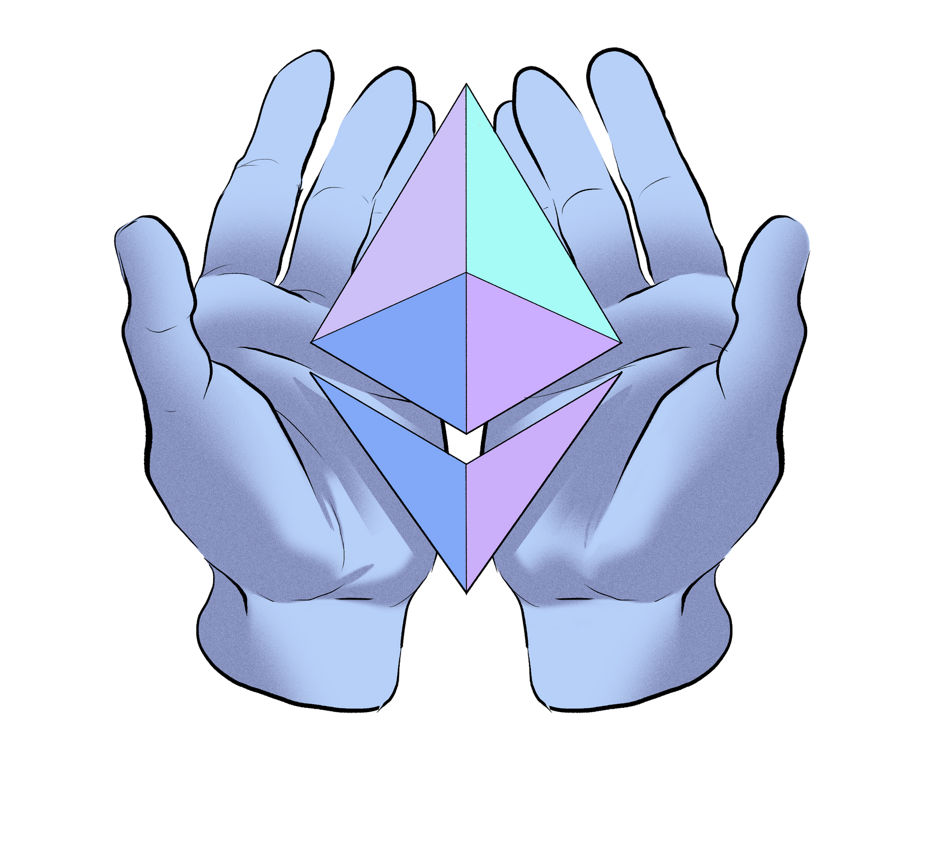 Ilustrácia rúk ponúkajúcich symbol Etherea.