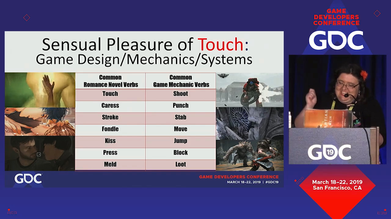 A presentation slide with a two column table. On the left are common romance novel actions: touch, caress, stroke, fondle, kiss, press, meld. And on the right are common video game actions: shoot, punch, stab, move, jump, block, loot.