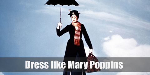Mary Poppins wears a white button down shirt, a long blue Victorian styled coat, a matching blue skirt, white gloves, a red bow tie, black mary jane shoes with white socks, and a white flower decorated hat.