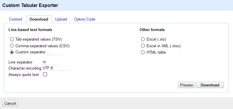 A screenshot of the custom tabular file download tab.