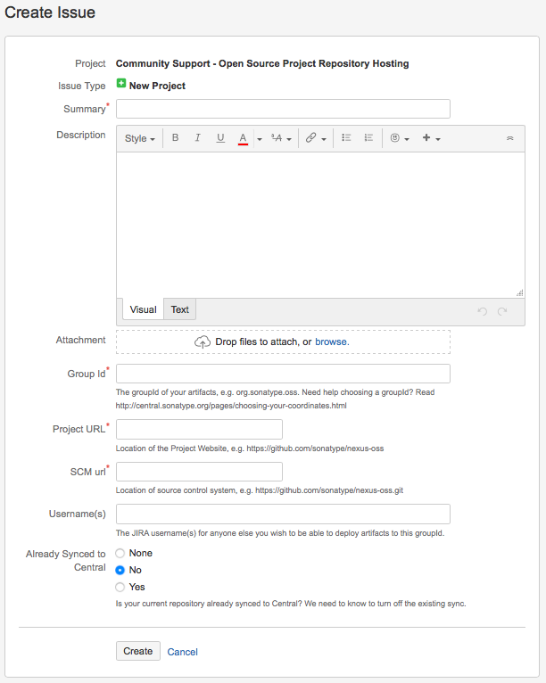 Annotated sonatype issue form for new projects