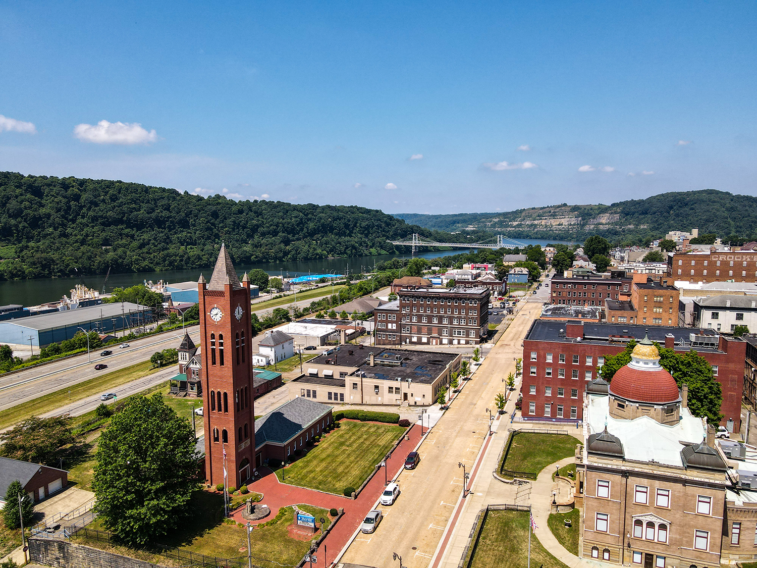 An overhead drone view of downtown East Liverpool featuring a the clocktower and library by RF3 Photography.