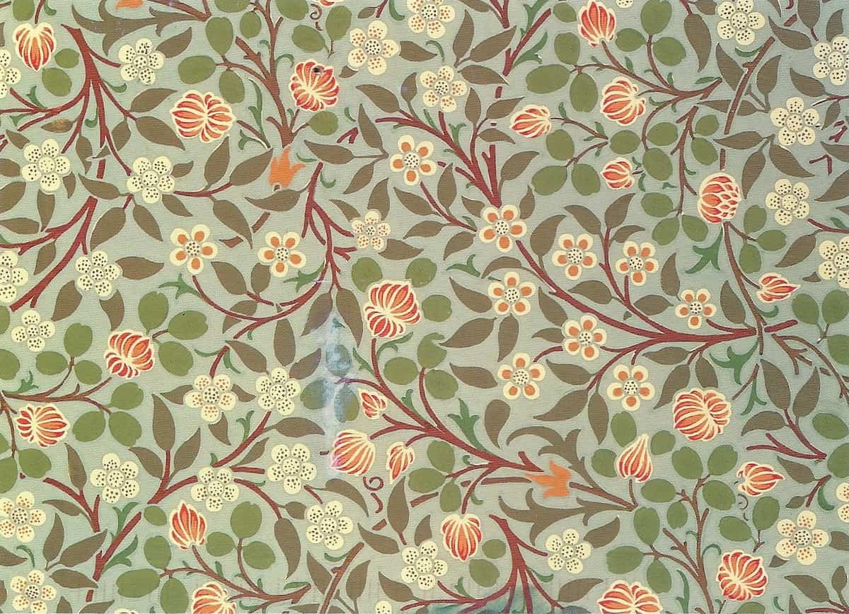 Wallpaper designed by William Morris in the Arts and Crafts style. Morris’ designs used bright colors and natural patterns in direct contrast to the monotonous ornate style of the early 1800s. Source: Morris & Co. - Online Collection of Brooklyn Museum via Wikipedia