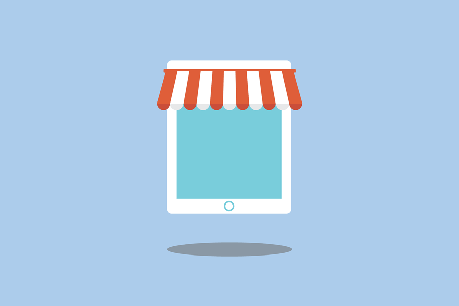Icon of a storefront merged with a tablet