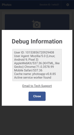 The app's debugging information page