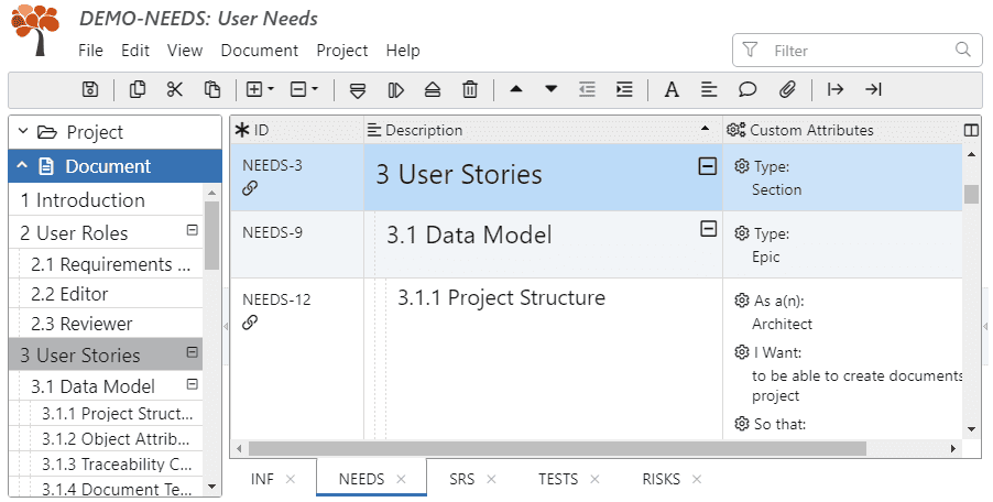 Demo project window with User Stories example