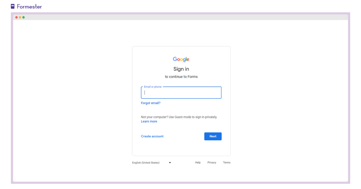 Screen capture showing: Sign-up for Google Forms