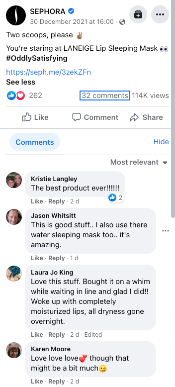 A Sephora facebook post with comments