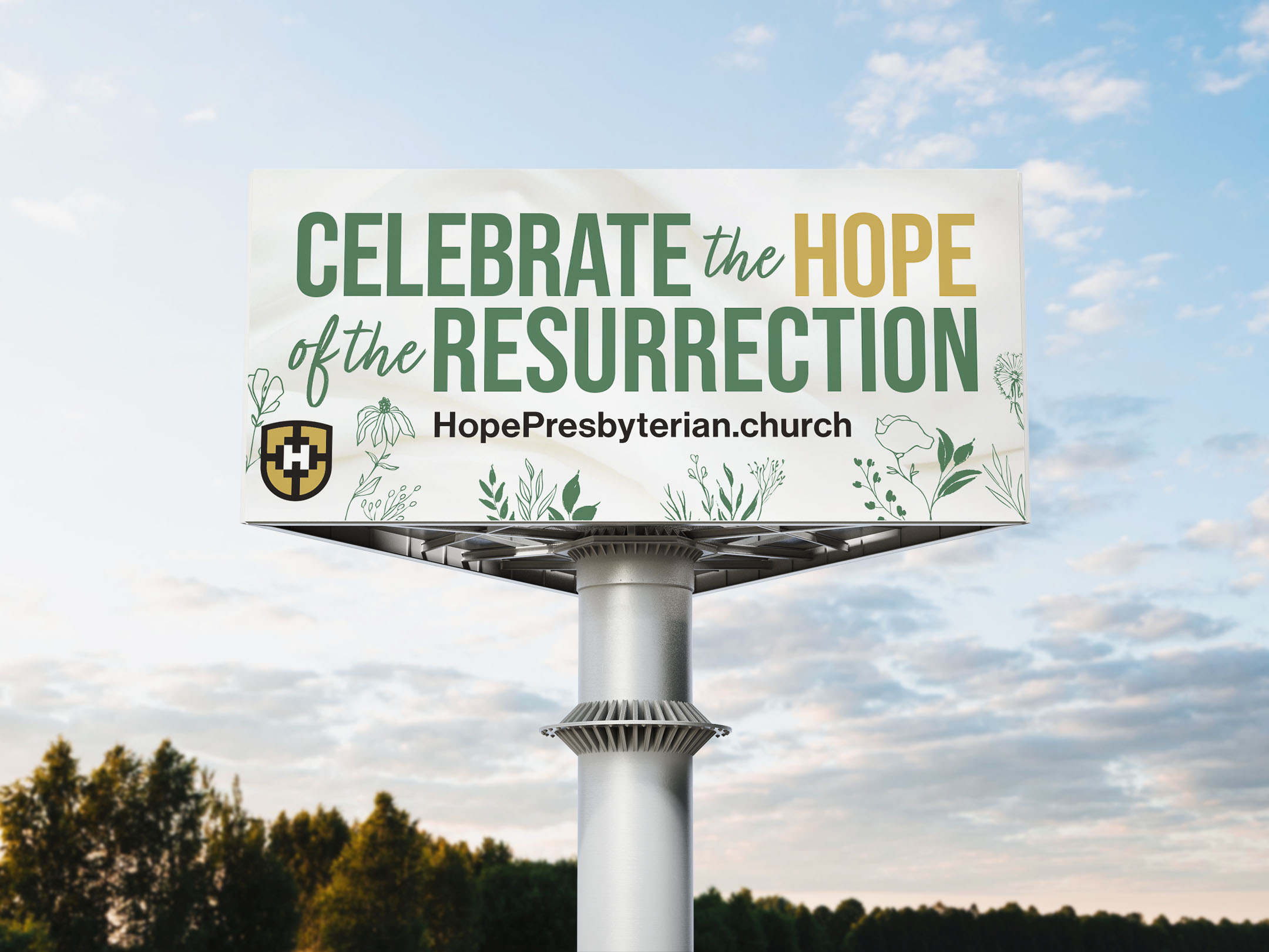 A floral billboard inviting passers-by to come celebrate the hope of the resurrection.