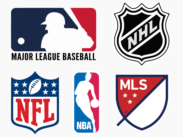 The 5 logos of the 5 pro sports leagues in America, including MLB, MLS, NBA, NFL, and NHL