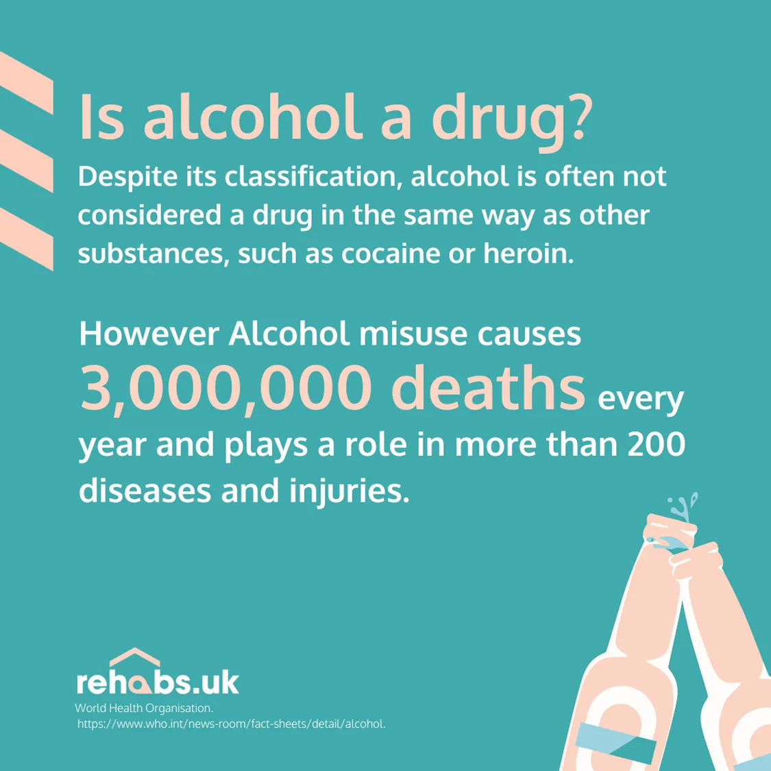 Is alcohol a drug? Despite its classification, alcohol is often not considered a drug in the same way as other substances, such as cocaine or heroin. However Alcohol misuse causes 3,000,000 deaths                                                            every year and plays a role in more than 200 diseases and injuries.