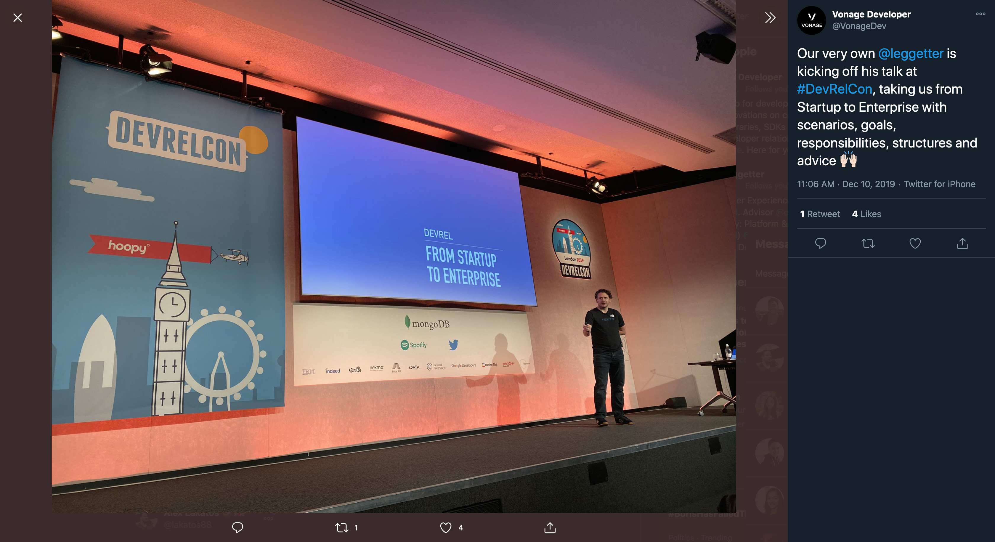 Phil Leggetter presenting 'From Start-up to Enterprise at DevRelCon London 2019'