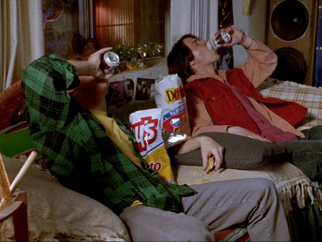 Bill & Ted drinking from cans and eating chips in Bill and Ted's Bogus Journey