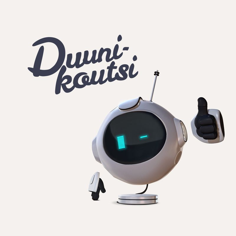 The Duunikoutsi logo and the mascot giving a thumbs-up