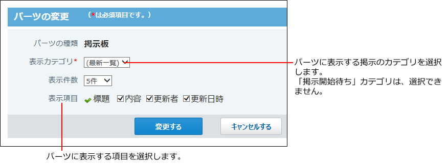 掲示板パーツの変更画面の画像