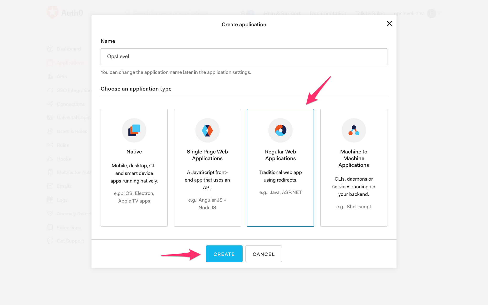 Auth0 Create Application Modal with Regular Web Applications Selected.
