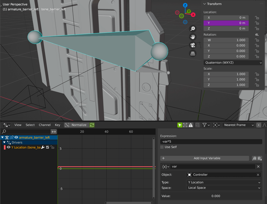 The viewport of Blender, showing a part of the bulkhead door with an armature rendered in front of it. The armature is selected and the Drivers- and N-panel is open.