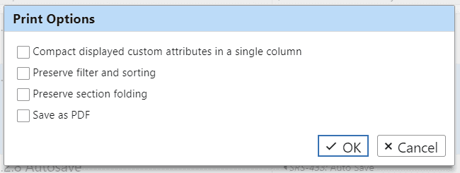 Print options dialog: columns, sorting, folding, save as PDF