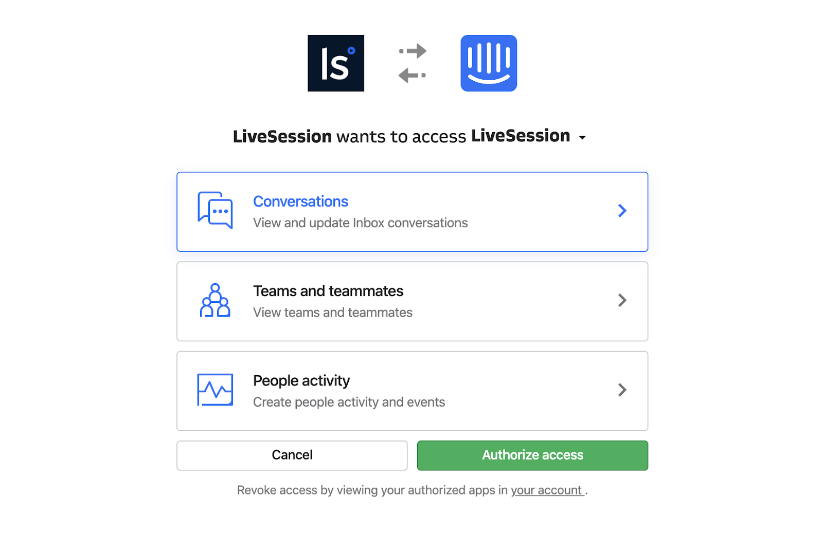 Authorize access Intercom integration