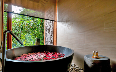 The honeymoon suite features a stone bath tub overlooking nature.
