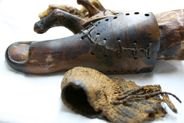 a working prosthetic big toe, circa 600 BC. Held to the foot part with stitched twine