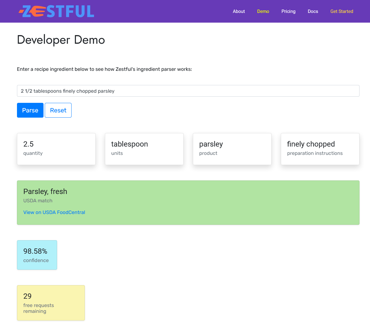 Screenshot of Zestful demo page