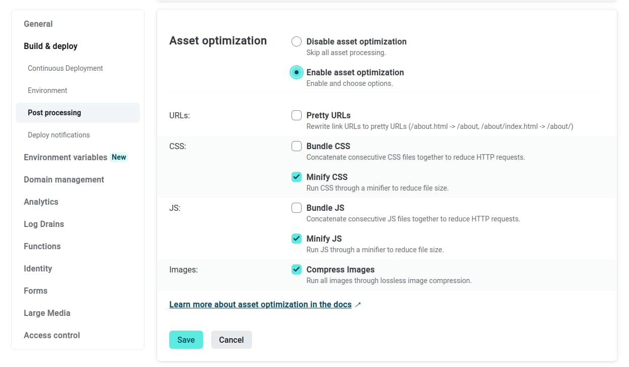 asset optimization options in netlify ui