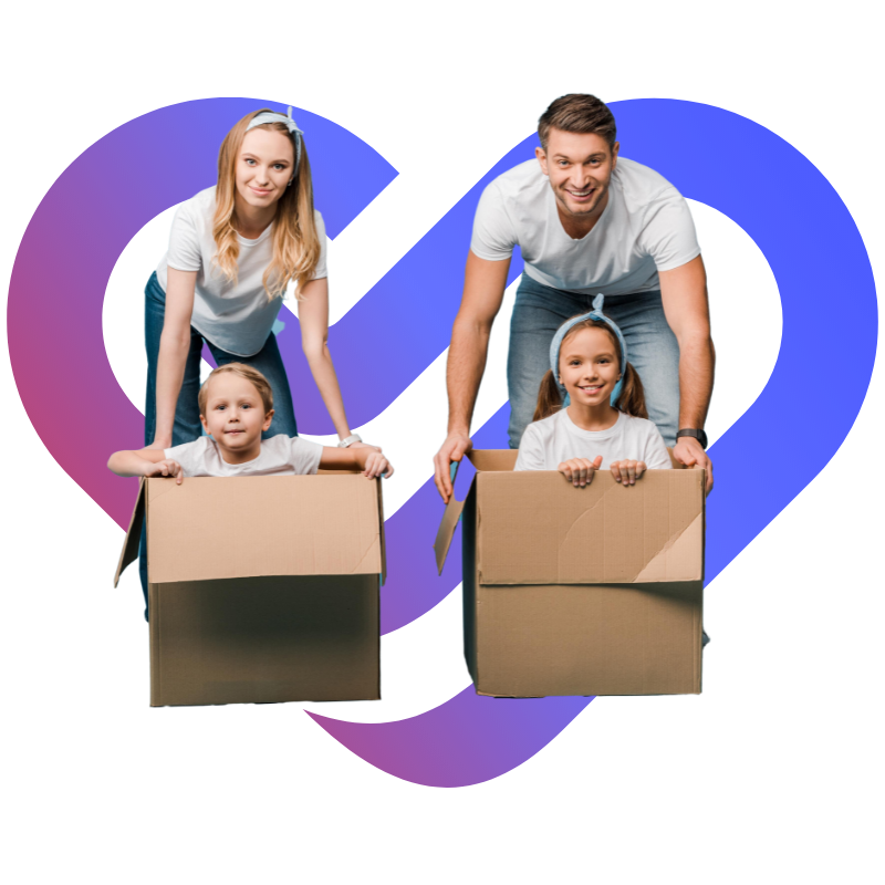 family smiling with moving boxes