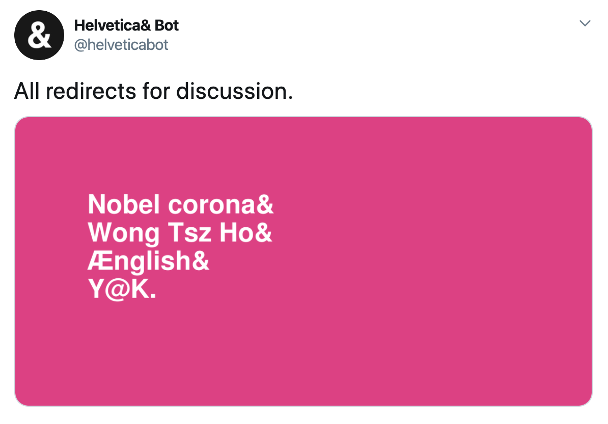 Screenshot of a Helvetica Bot tweet. The category is "All redirects for discussion."