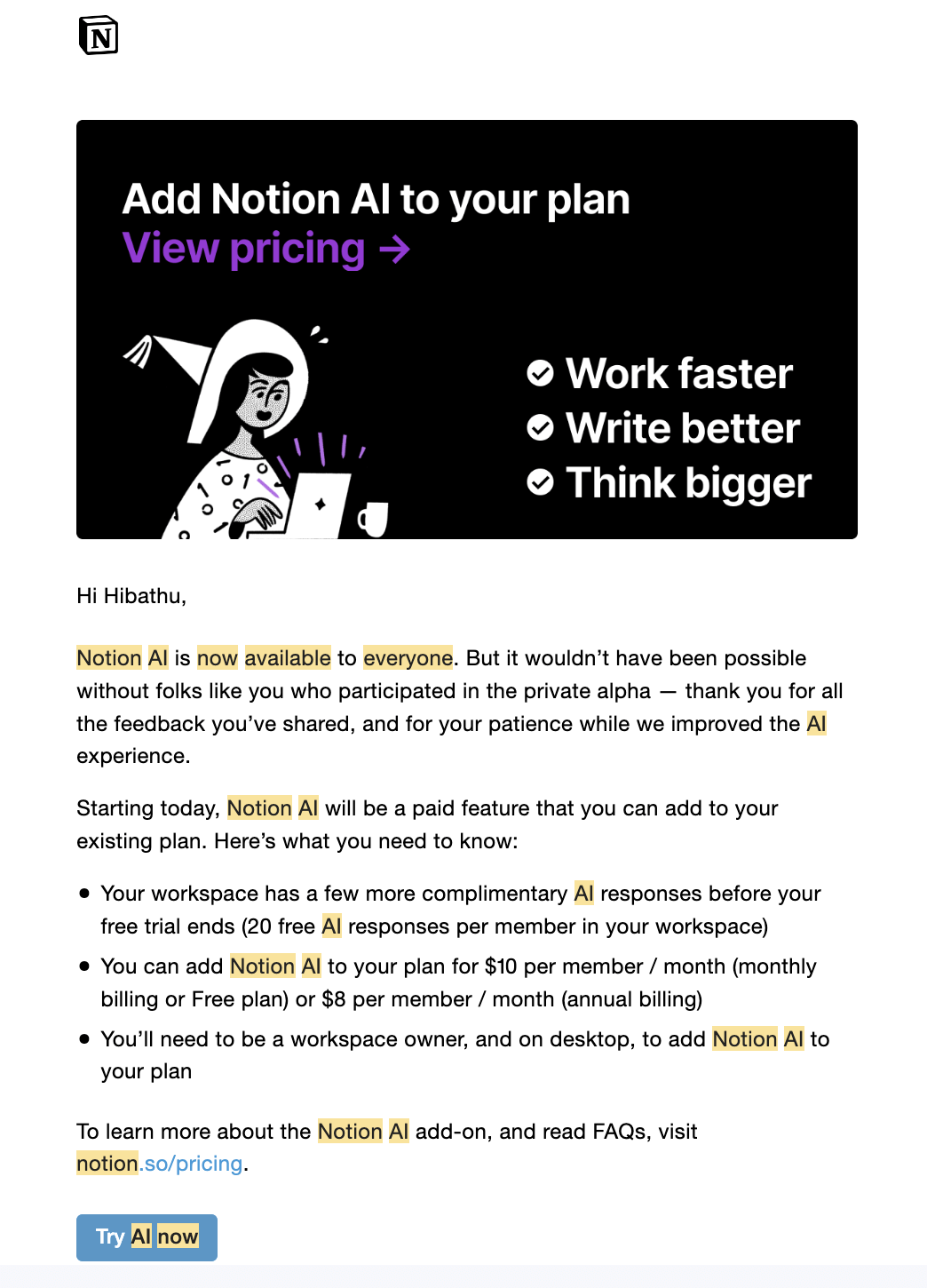 SaaS Waitlist Emails: Screenshot of Notion's email about their pricing when you add AI to your plan.
