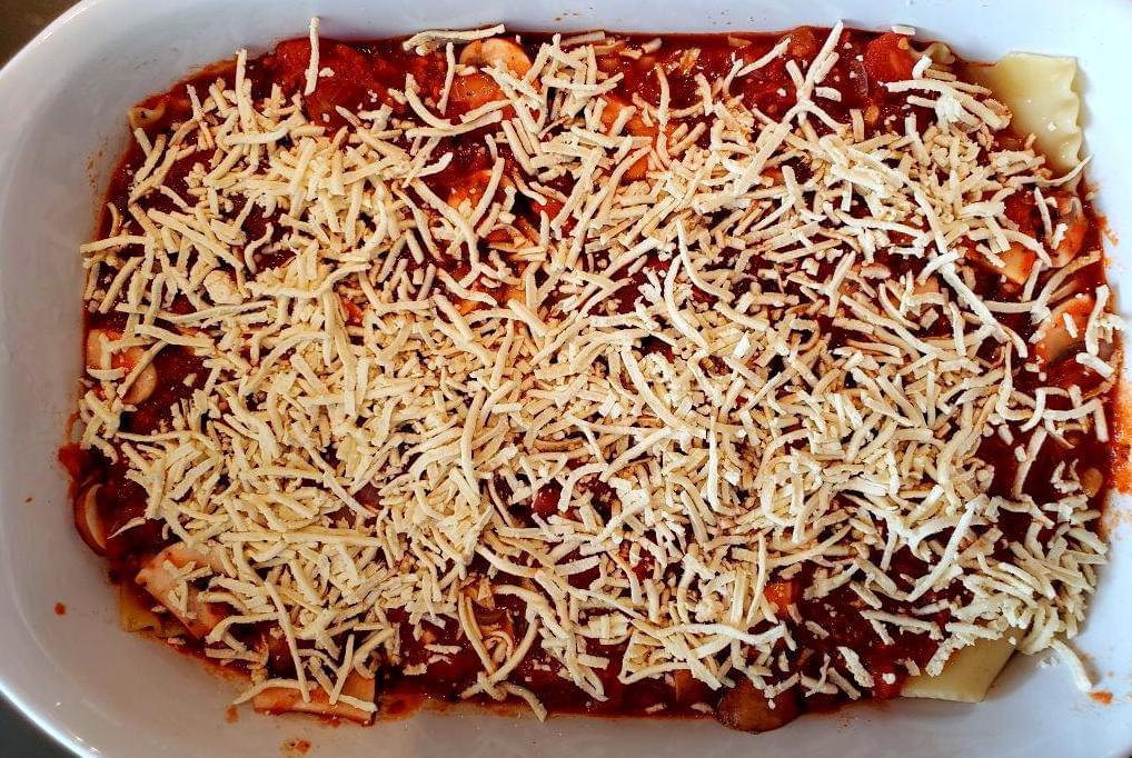Lasagna noodles with tomato sauce over top