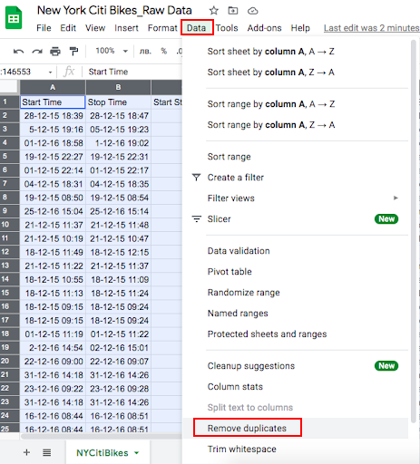 A dataset in Google Sheets. The “Data” option has been selected from the toolbar, and the “Remove duplicates” option has been selected from the drop-down.