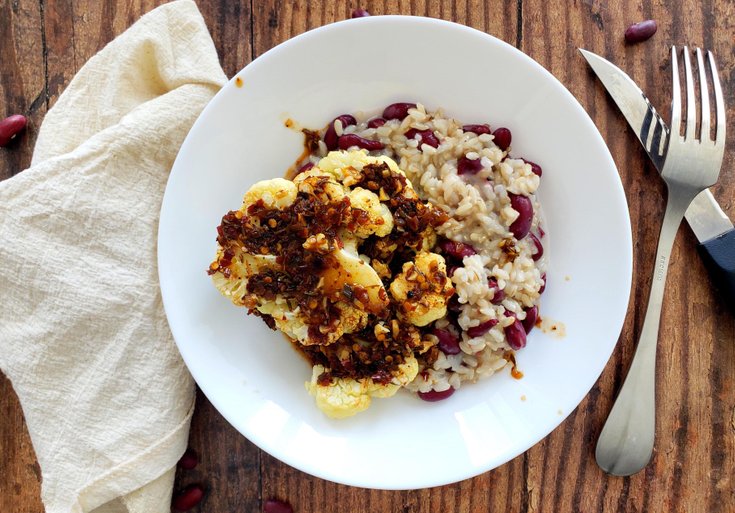 Jerk cauliflower steak over coconut rice
