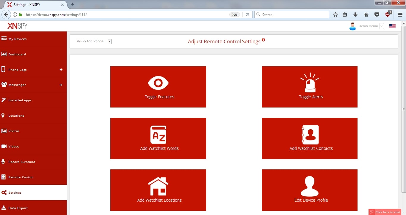 XNSPY demo spy software - setting app