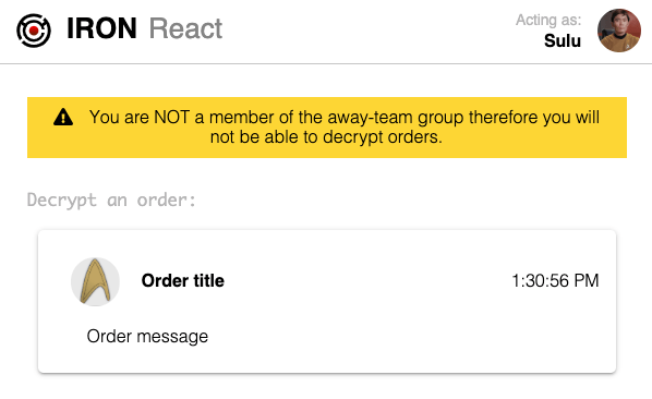 Screenshot of sample app showing Sulu with an error message saying he can't decrypt Screenshot of sample app showing Sulu with an error message saying he can't decrypt