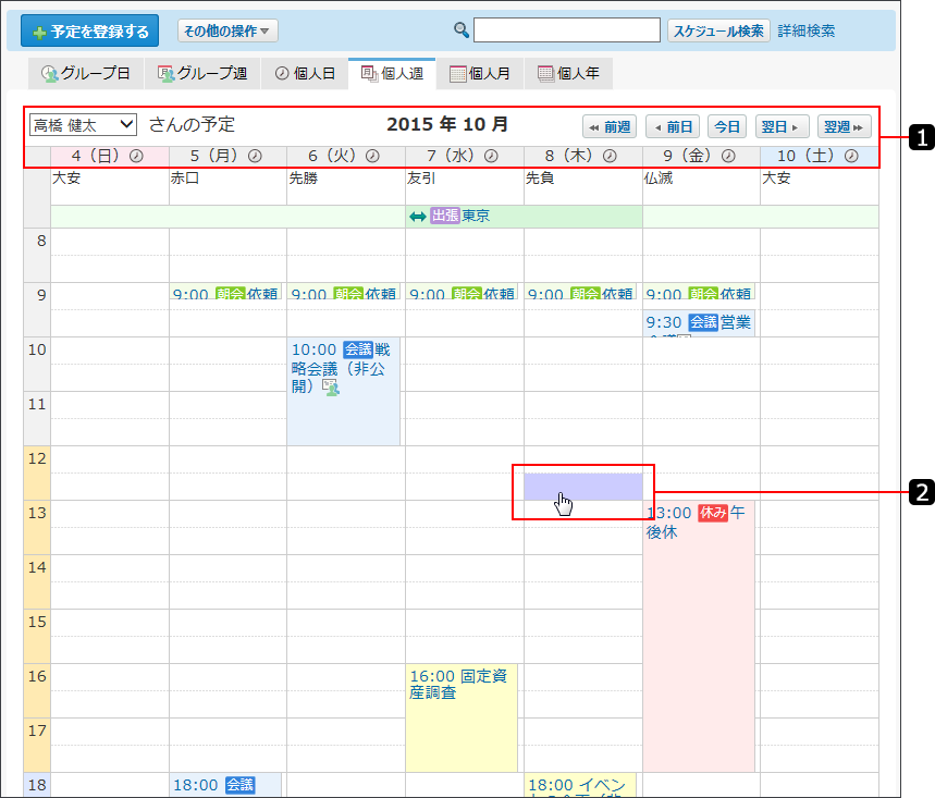 個人週表示画面を説明する番号付き画像