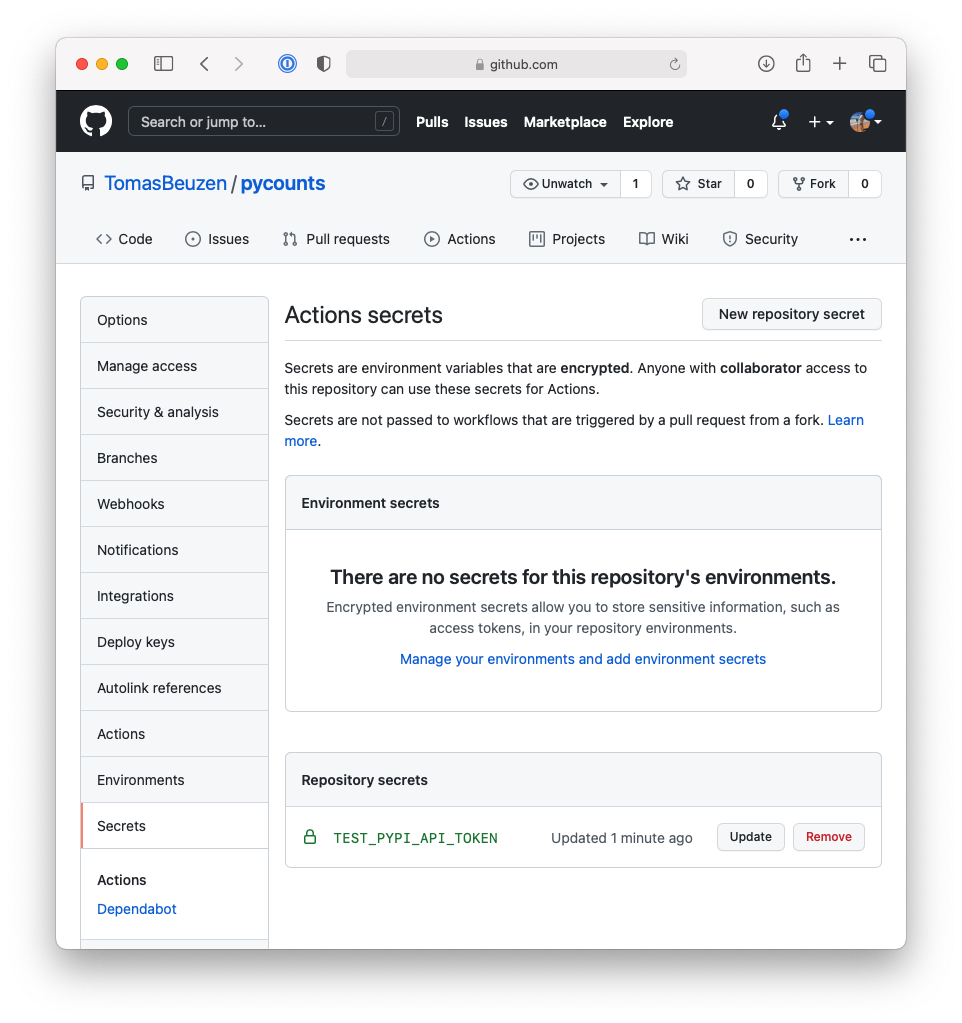 Adding the TestPyPI API token secret to our GitHub repository.