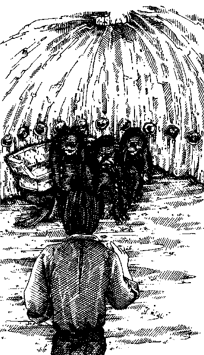 The inside of the room with a group of rakas staring at you.