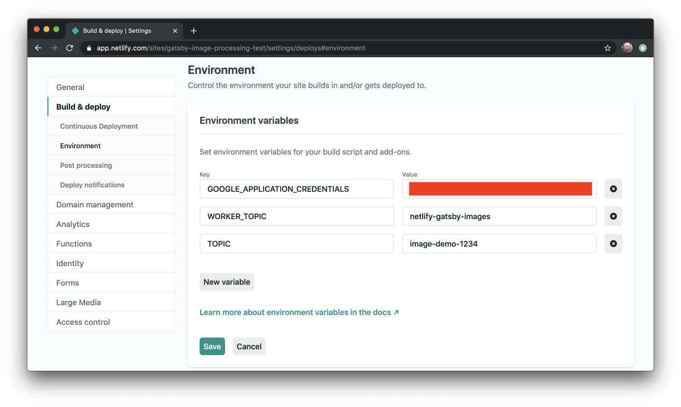 Environment variables settings page in Netlify with requried env vars set.