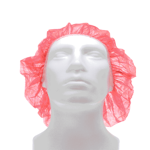 A mannequin wearing a red hair net spins 360-degrees to show every angle of the product.