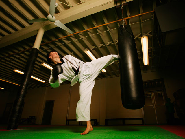 A martial arts master kicking a heavy bag