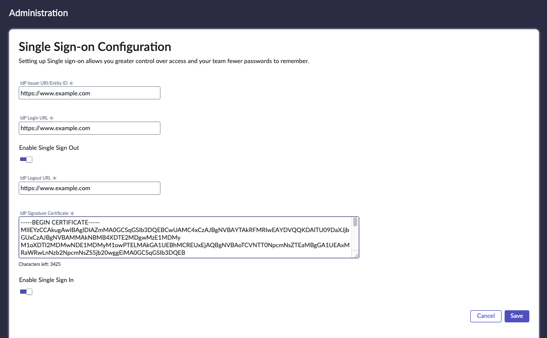 The Single sign-on configuration form.